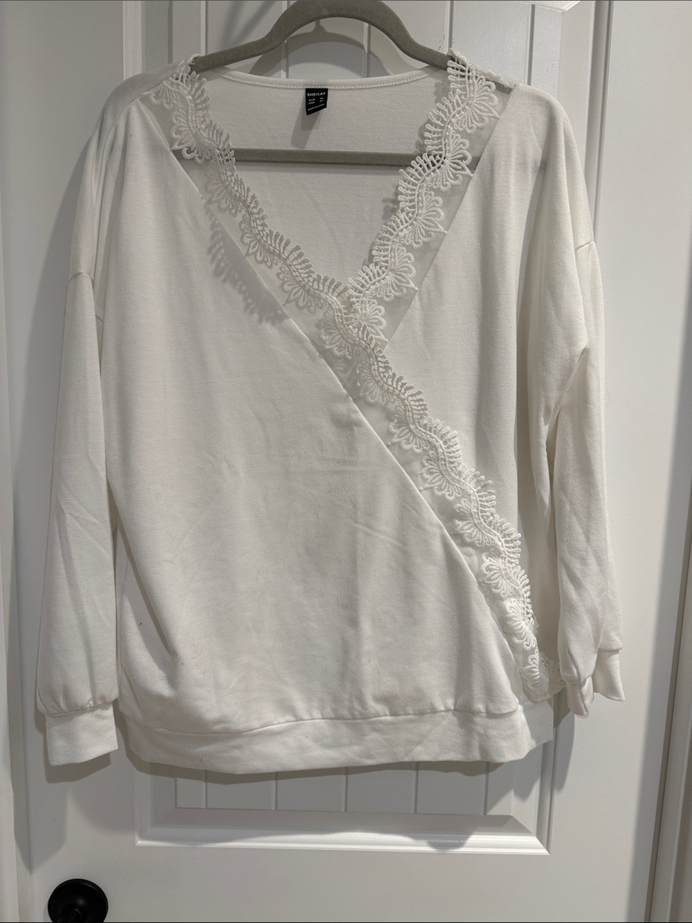 Lace-Trim Wrap Front Long Sleeve Top - White